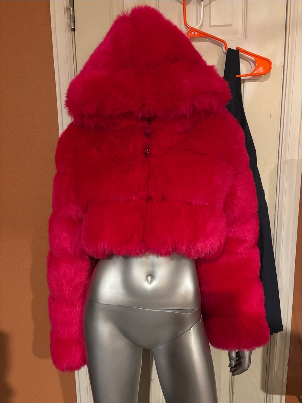 Women's Hot Pink Faux Fur Hooded Cropped Jacket